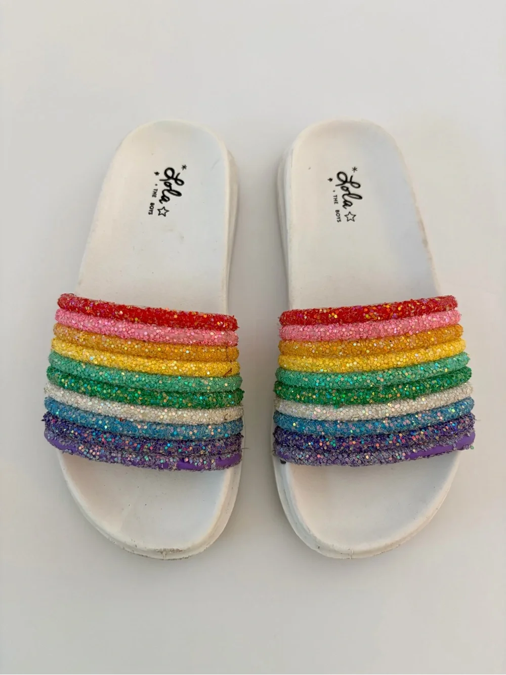 Lola And The Boys Rainbow Glitter Slides Girls Size 31 (13.5 US) Summer Shoes